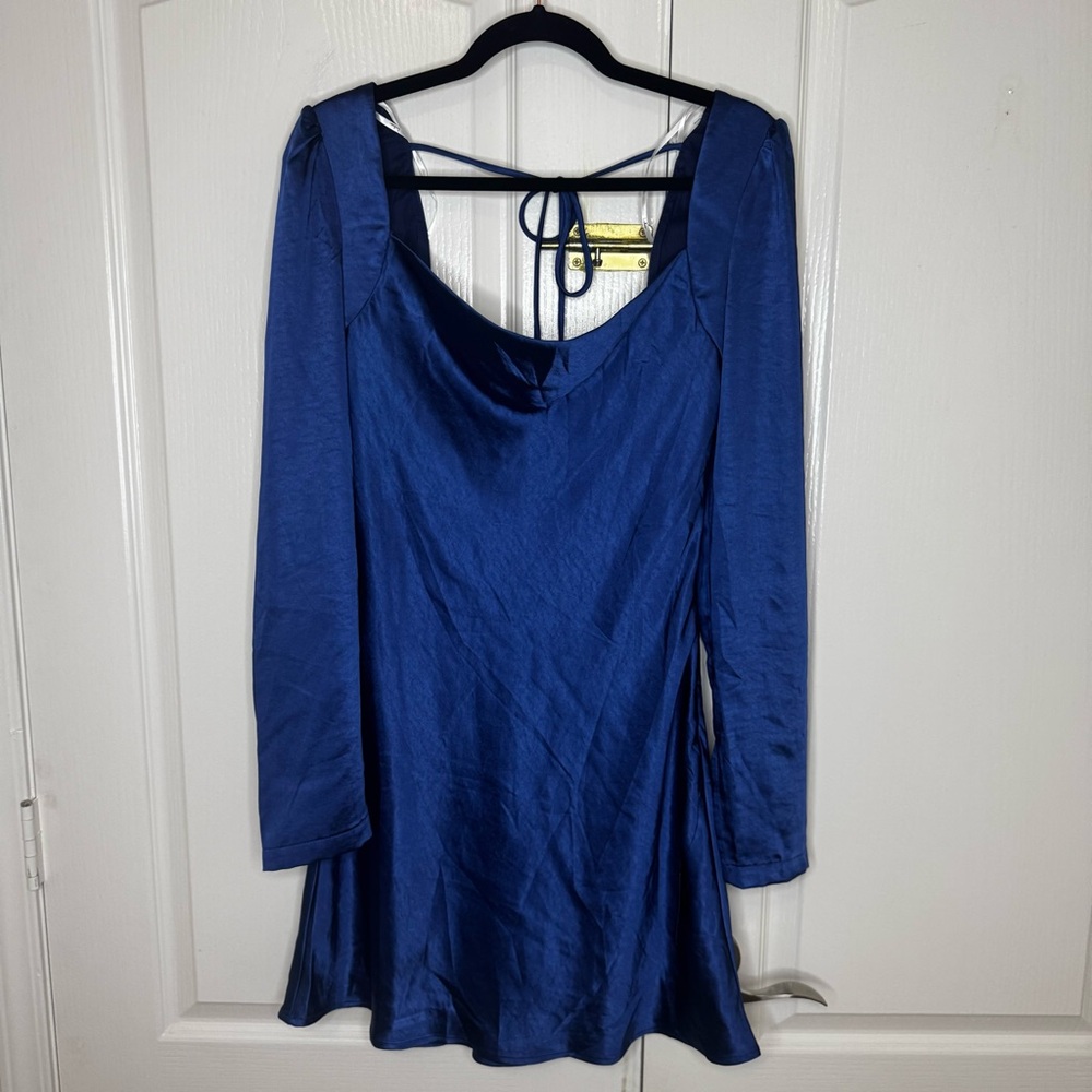 Lulus Dark Blue Satin Open Back Dress - Picture 3 of 7